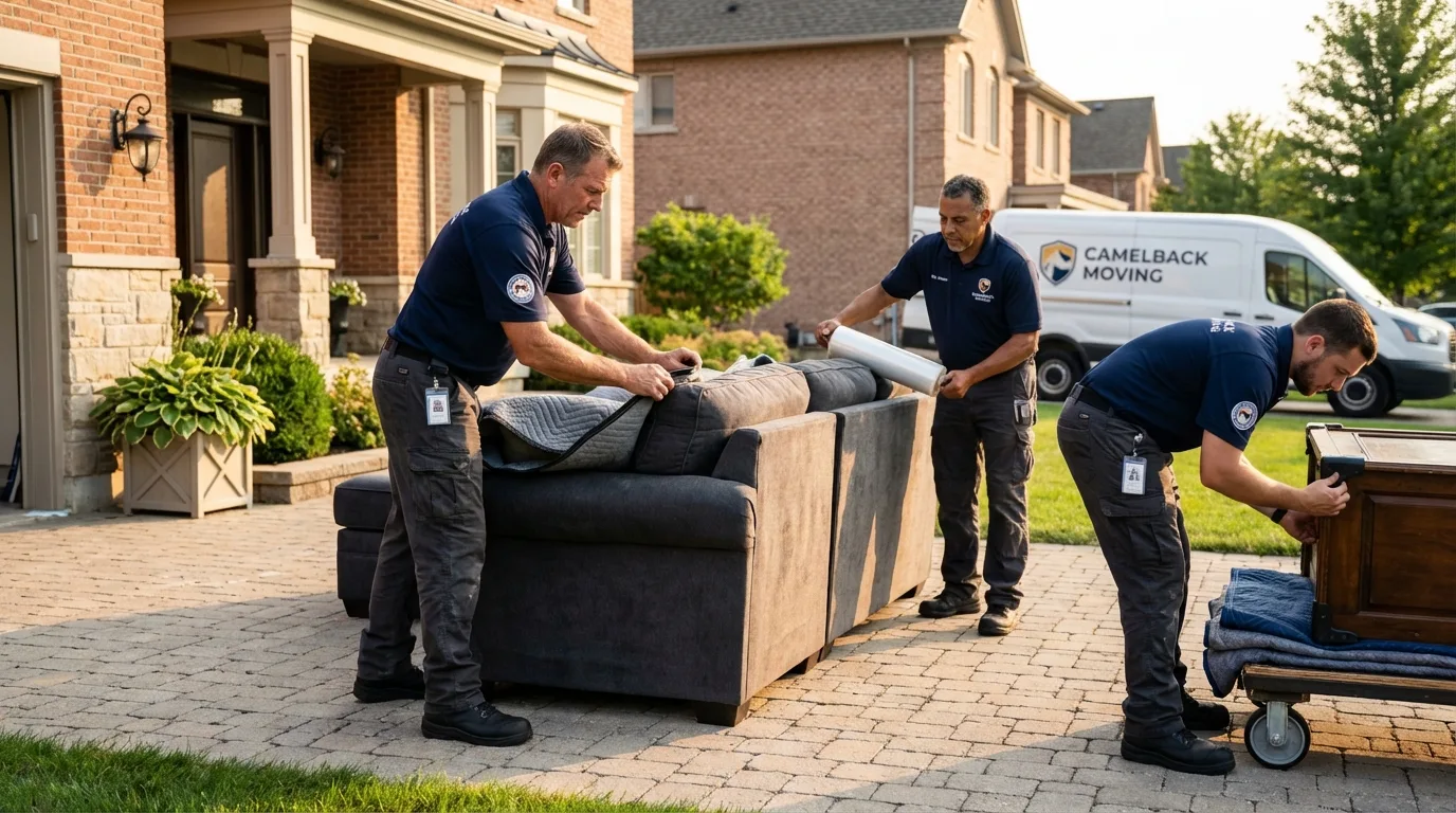 Large estate moving crew wrapping furniture in Weston, MA