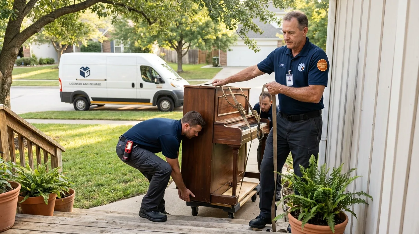 Licensed piano movers securing grand piano in Weston, MA