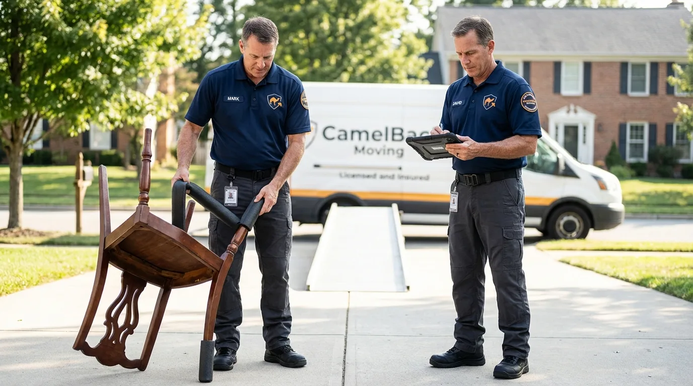 Movers inspecting furniture for damage prevention before loading in Weston, MA